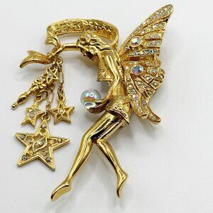 KIRKS FOLLY Fairy Godmother Crystal Ball Star Dangle Brooch Pin Goldtone